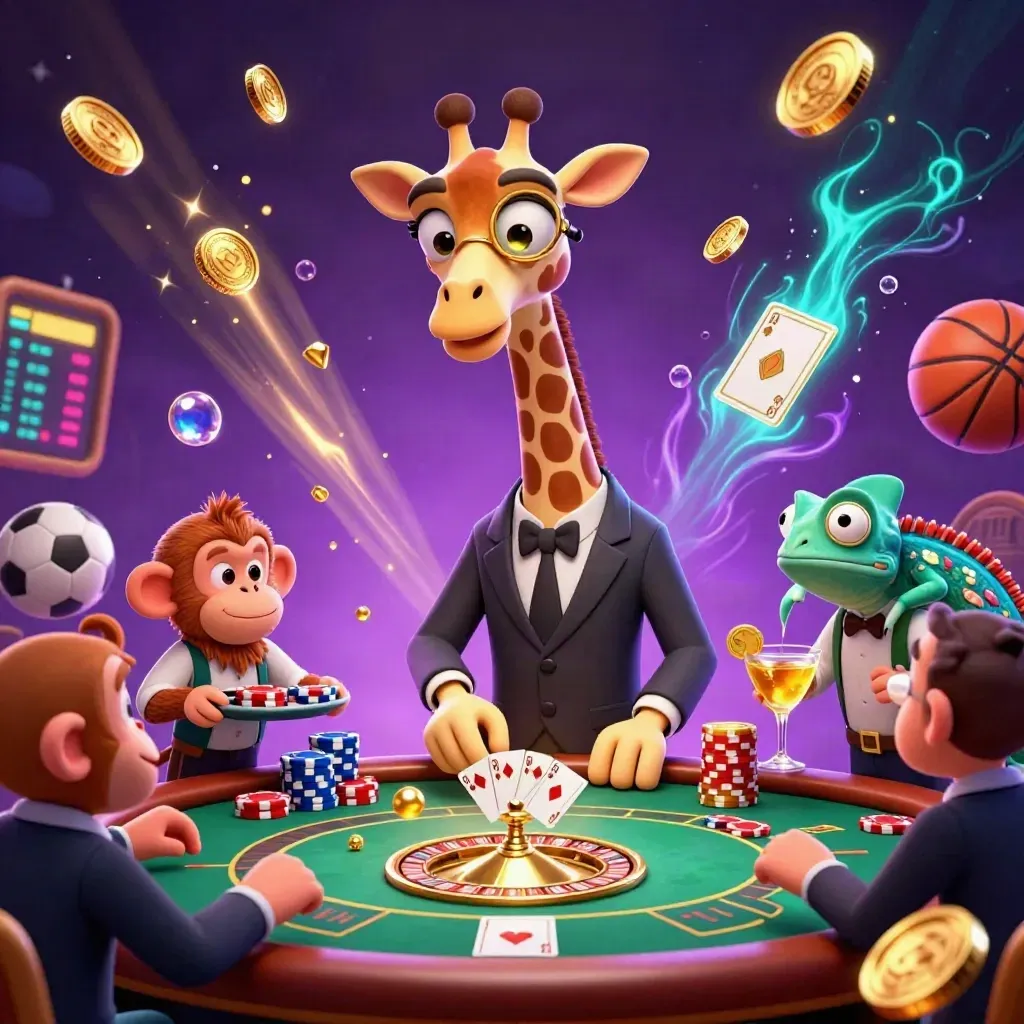 Giraffe, monkey, and chameleon at a poker table amid coins, chips, roulette, and neon casino glow.