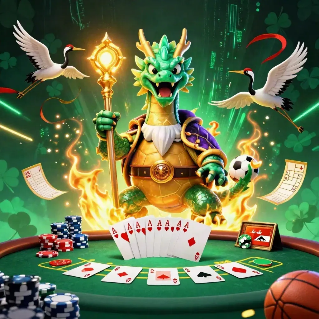Dragon, turtle, and cranes erupt amid poker chips, cards, and sports balls in neon casino light.