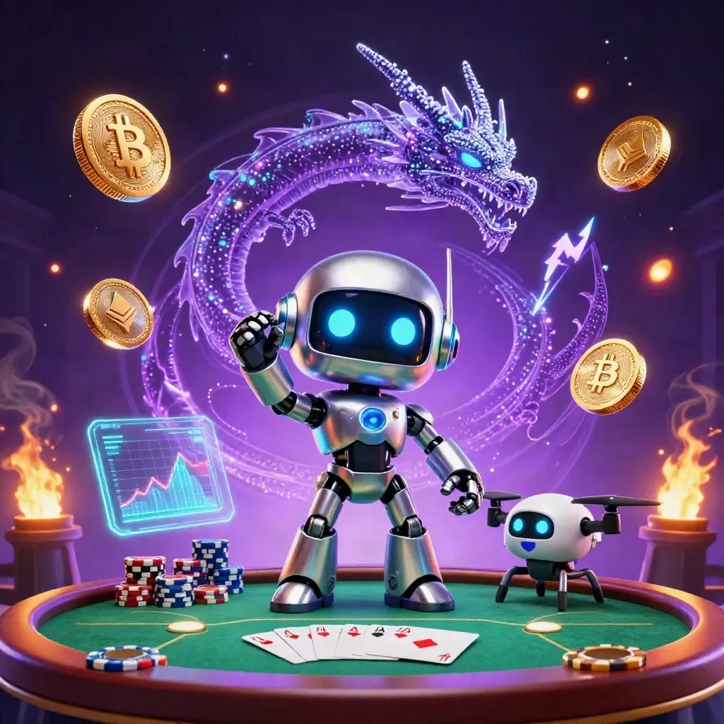 Cyberpunk robot, AI dragon, and coin drone over a glowing poker table with neon crypto effects