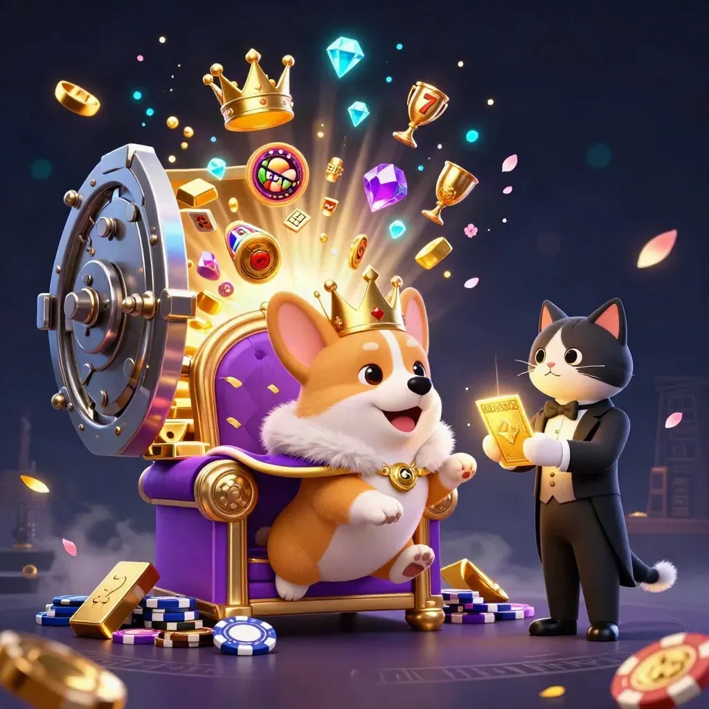 Royal corgi king and cat butler bursting from a treasure vault with poker chips and gems.