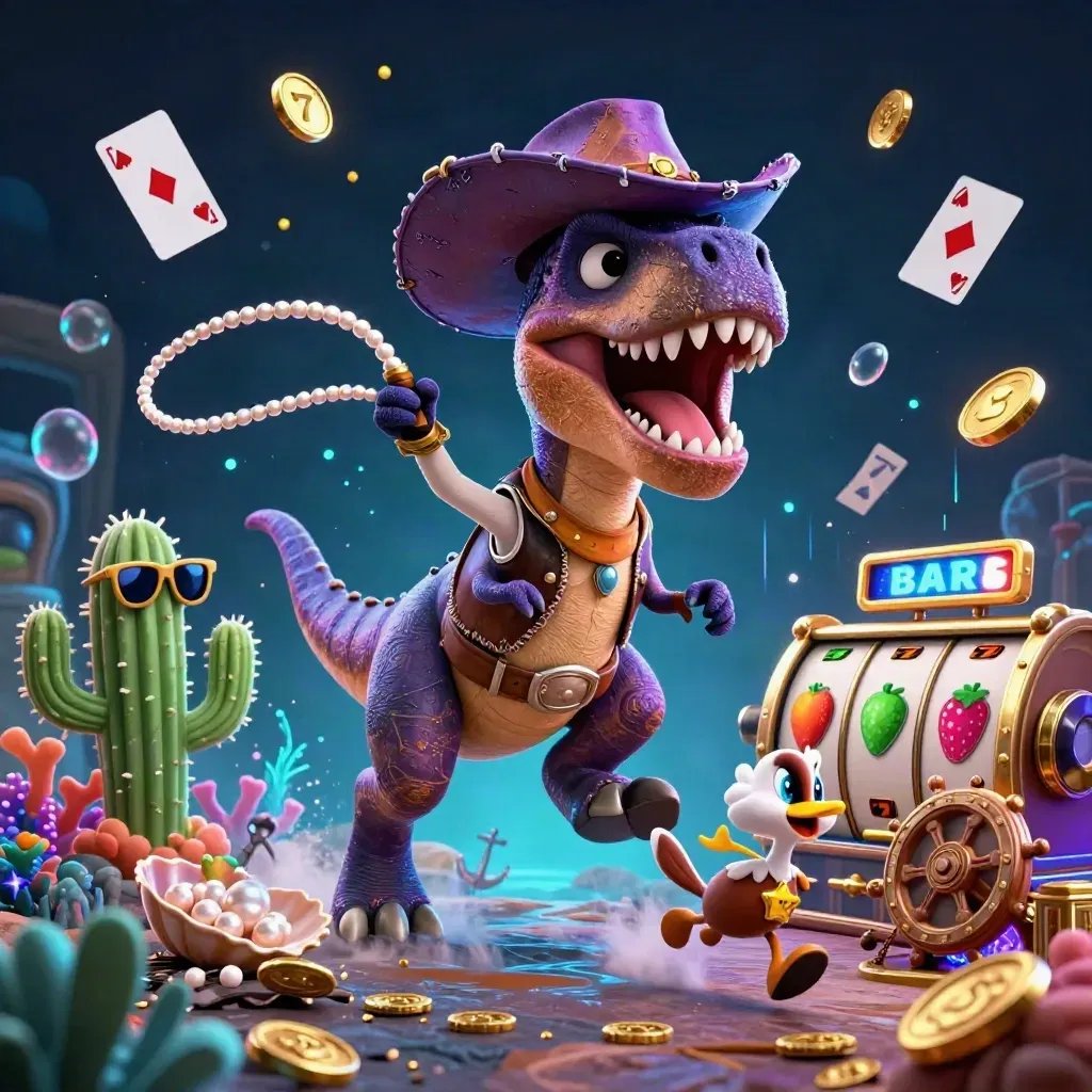 Cowboy T-Rex, cactus sidekick, and sheriff roadrunner amid underwater treasure and neon effects