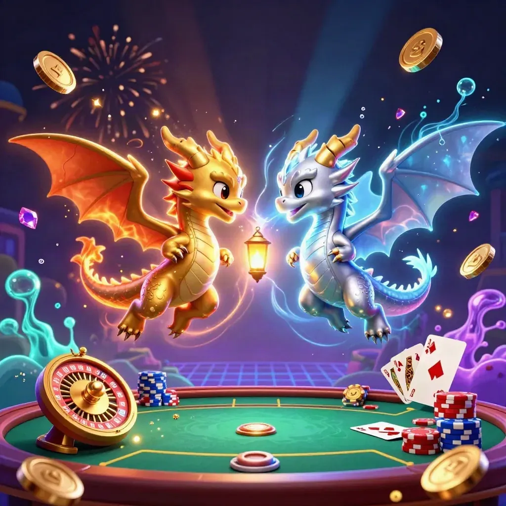 Twin gold and silver dragons swirl with poker chips, coins, cards, and neon casino treasure.