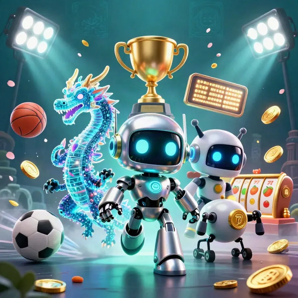 Robot mascot, holographic dragon, and coin drone amid casino game icons and glowing effects.